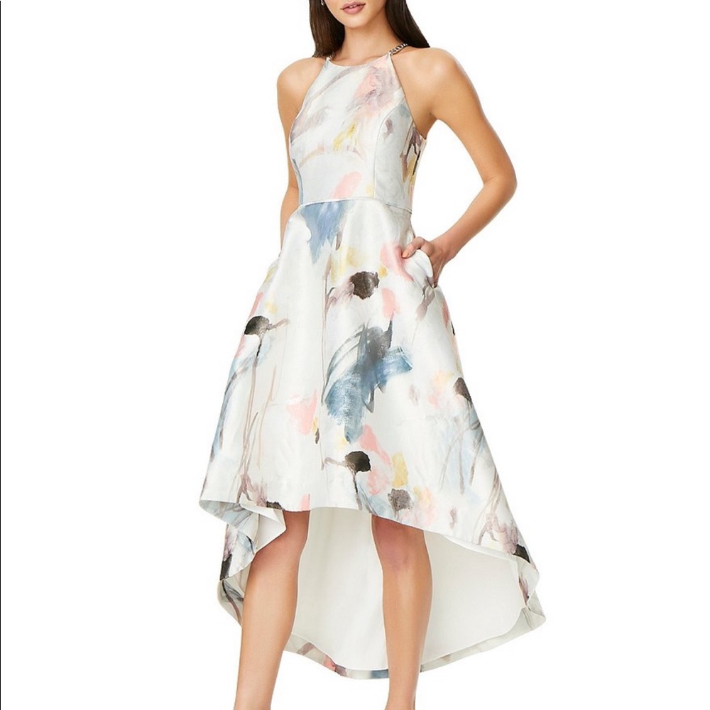 Halter Abstract Floral Jacquard Hi-Low Gown